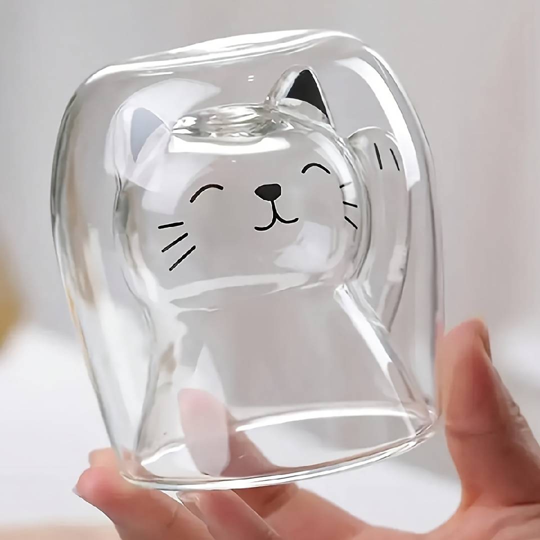 

Creative Cute Cat Double-layer Coffee Mug Cartoon Couple Teacup Insulated Glass Mugs With Handle Household Office Drinkware 201-300ml