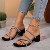 Fashion Woman Mid Heel Slippers Fashion Square Toe Heels Slides Shoes 2025 Summer Trend Woman Sandals Crystal Straps Zapatos De Mujer