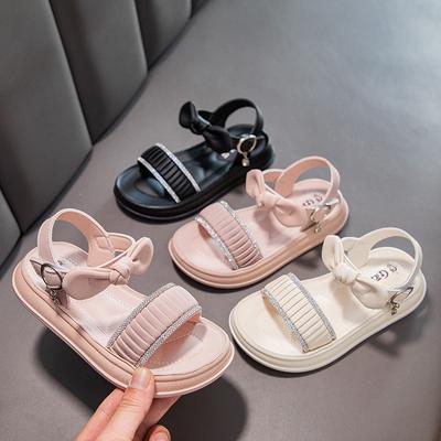 Girls Beach Shoes Sweet Pleated Simple Bows Kids Sandal Shiny Crystal 2025 Summer New Children Princess Shoes Non-slip Soft Sole