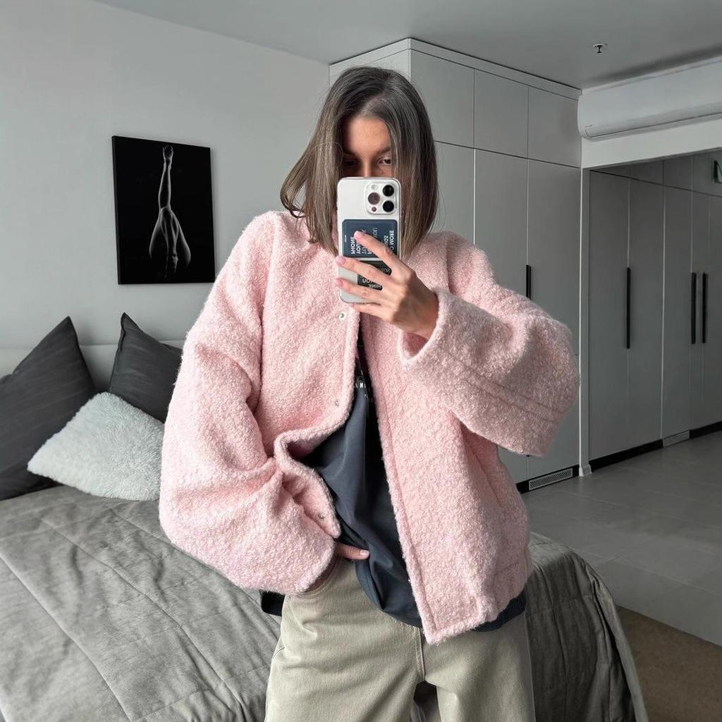 Women's Pink Winter Fleece Jacket - Stand-Up Collar, European & American Style