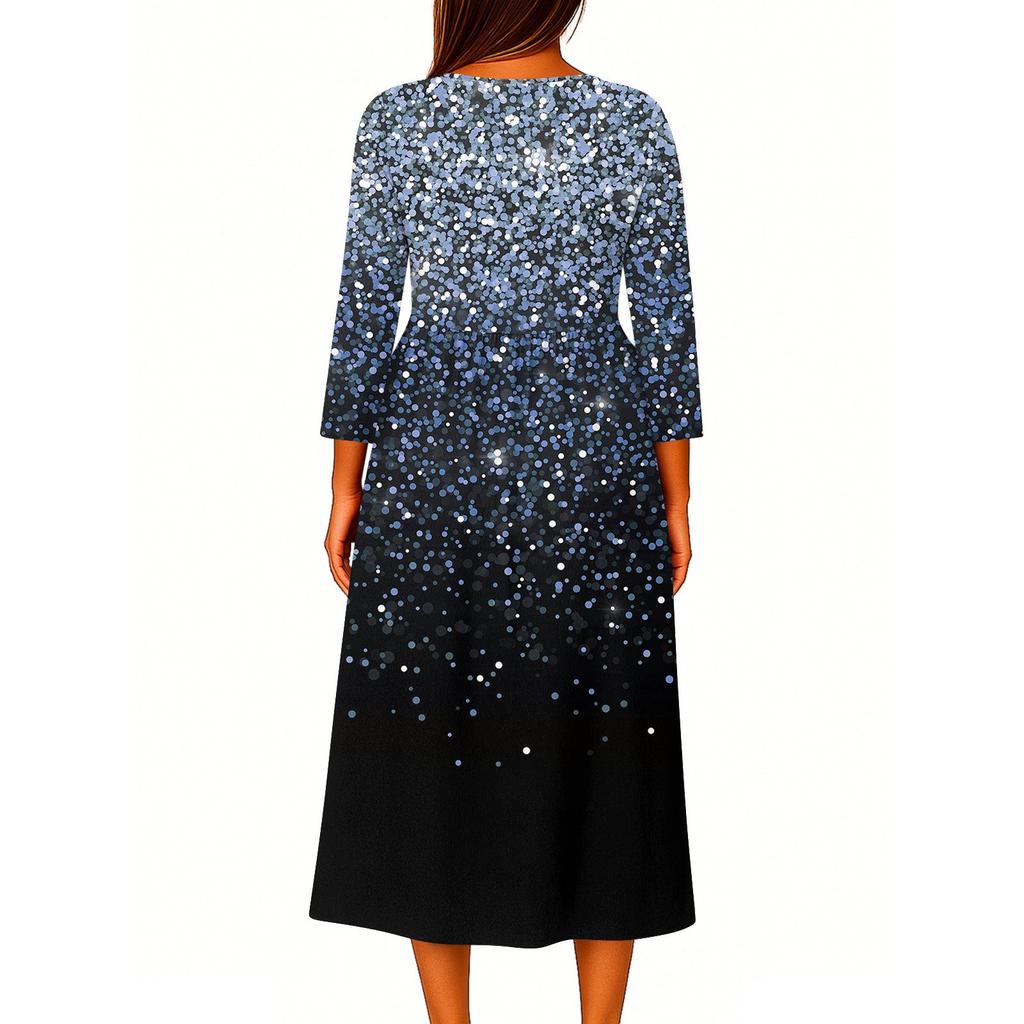 Women's Fashionable Printed Round Neck Seven Quarter Sleeve Button Loose Shirt Dress