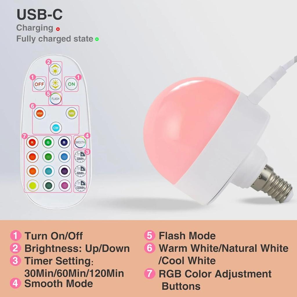 Rechargeable Light Bulb with Timer and Remote, Dimmable Battery Light Bulbs with Magnetic Base, E14 Detachable Charging LED Bulb