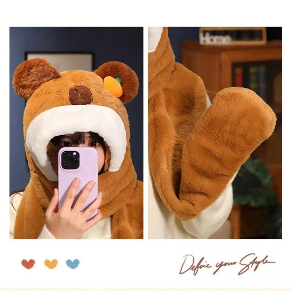 Plush Hat Scarf Gloves Set Thickened Cartoon Neck Hat Cute Capybara Beanie Cap