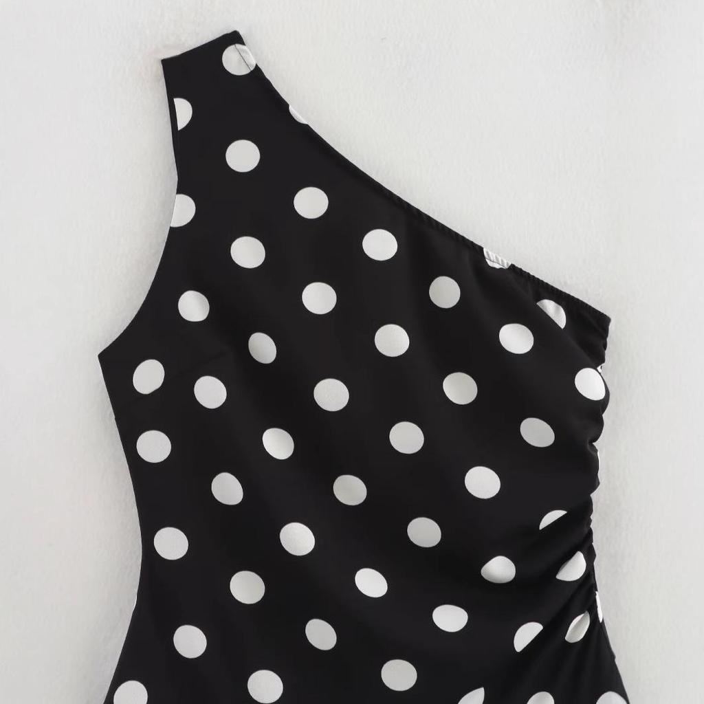 2025 Spring Women's European & American Style Polka Dot One-Shoulder Bodycon Dress