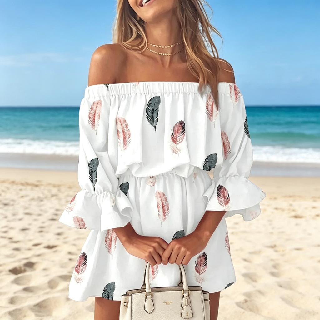 2026 European and American Sexy Fashion One-word Shoulder Print Dress Women's Clothing