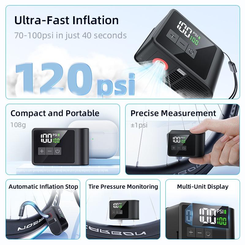 Mini Air Pump with Digital Display USB Charging for Road Mountain Ordinary Bikes & E-Bikes