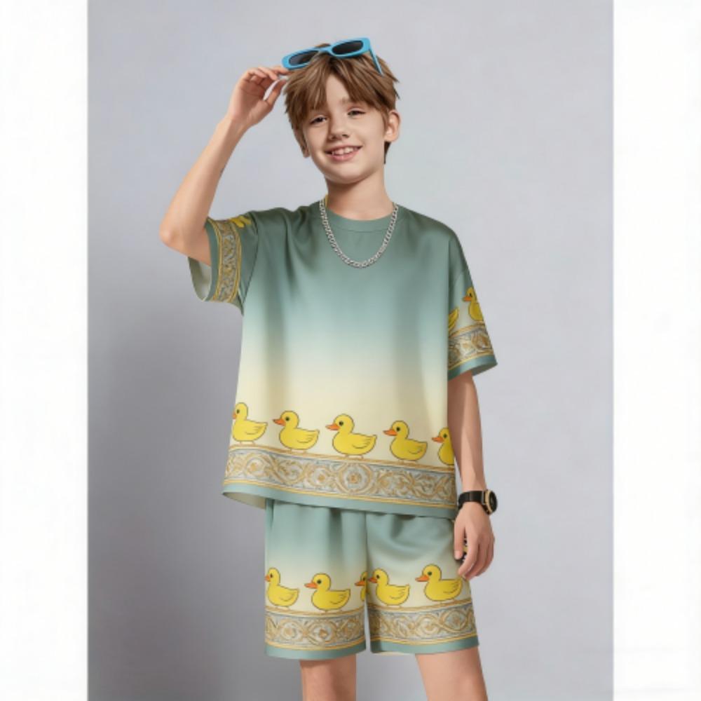 Kids Set Fun Cartoon Duck Printed Kids T-shirt and Shorts 2 Piece Set Summer Casual Outdoor Boys and Girls Outfit Kids Clothing