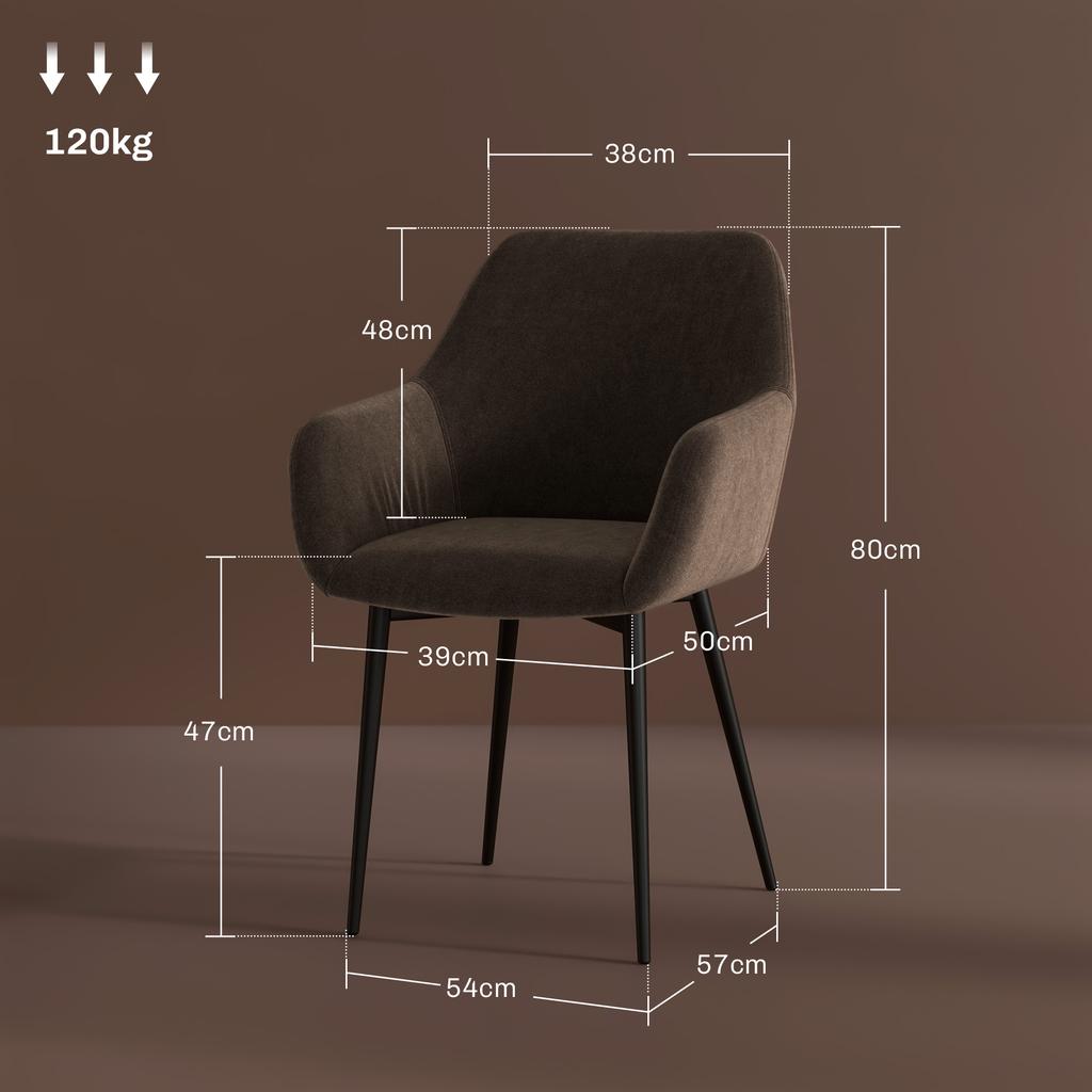 Set of 2 Nordic Dining Chairs Padded with Curved Armrests in Velvet-Effect Fabric, 54x57x80 cm, Brown