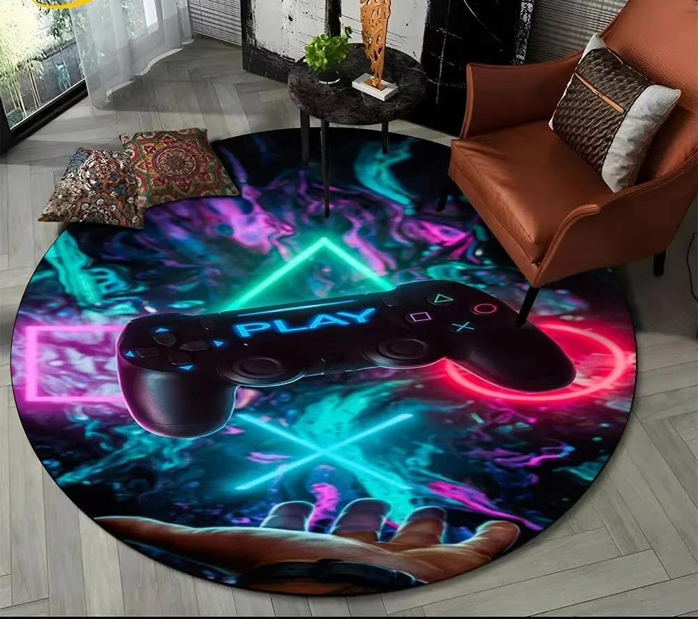 Cartoon Game Controller Round Carpet Non Slip Circle Child Play Mat Washable Rugs for Gamer Bedroom Decor Entrance Doormats