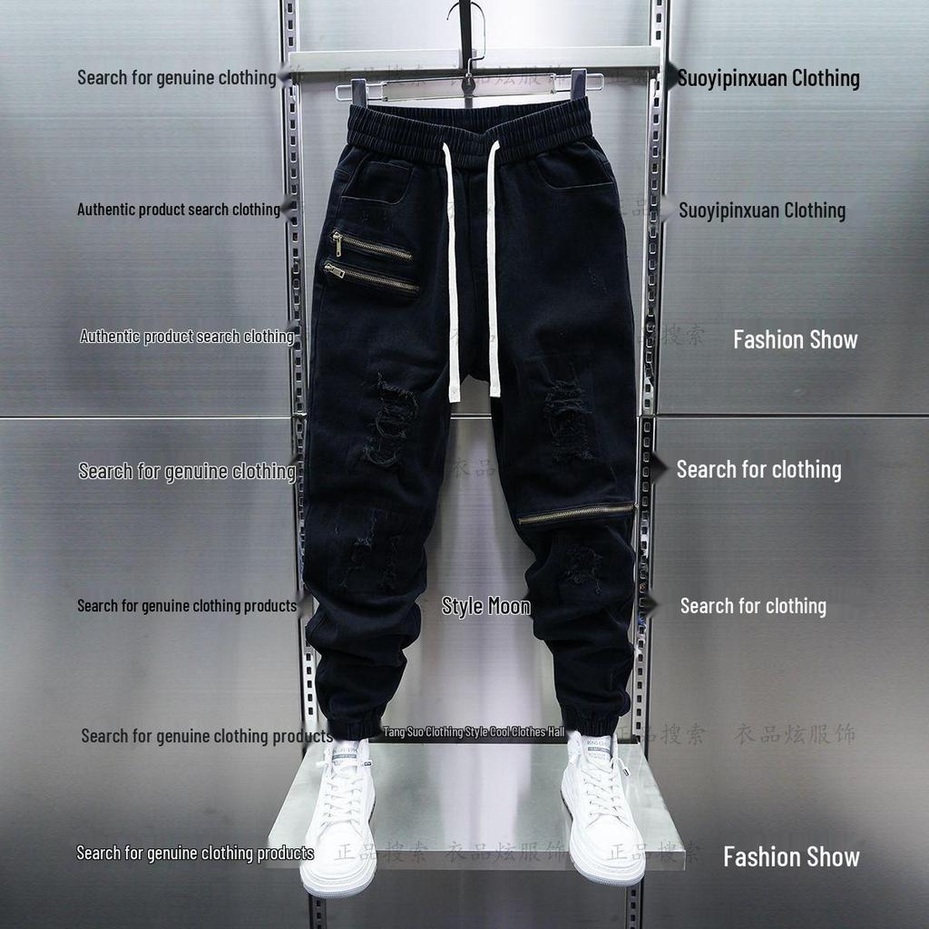 Trendy Men's Spring/Summer Elastic Casual Zipper Ripped Skinny Joggers Harajuku Long Pants