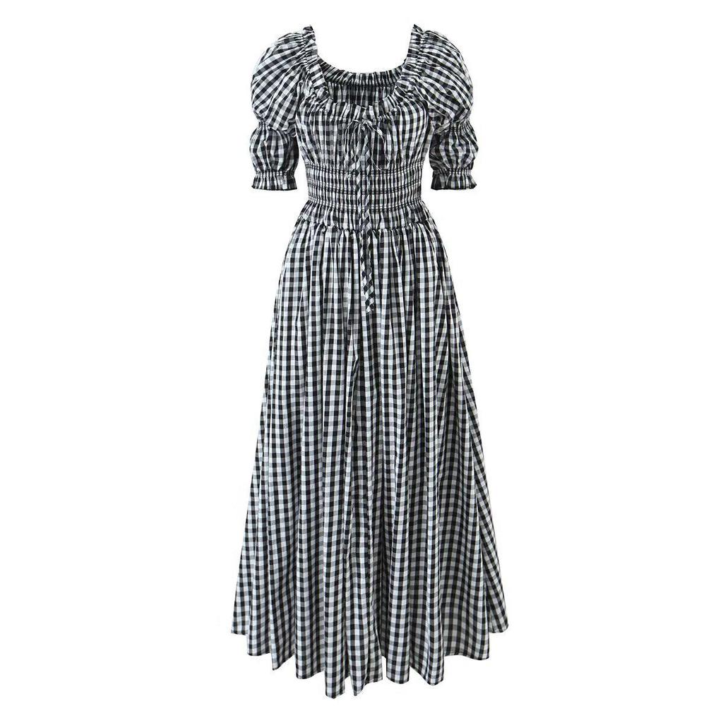 Autumn 2025 European Style Pastoral Plaid Puff Sleeve Dress for Women