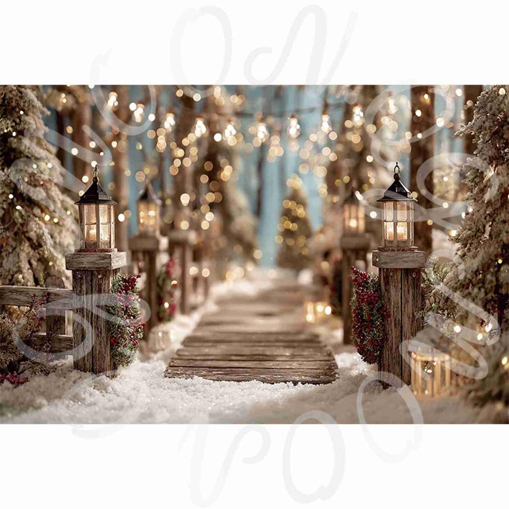 MOON.QG Wooden Fence Entrance String Lights Christmas Background Backdrop Child Studio Photobooth Photozone Photography Props