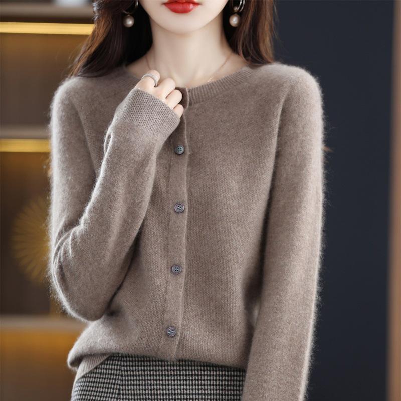 Women's Pure Wool Loose Knit Cardigan - Autumn Solid Color Sweater Top