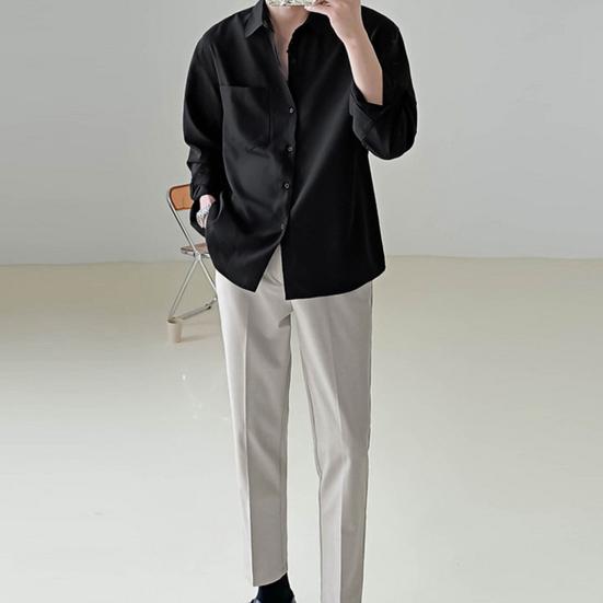 Lapel Long Sleeve Single-breasted Patch Pocket Draped Men Shirt Slim Fit Solid Color Business Dress Shirt Top