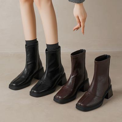 Kurze Stiefel mit hohem Absatz für Damen im Herbst und Winter 2026 dicker Absatz kurzes Schaft Quadratische Spitze kurze Stiefel mit Plüsch schmale Stiefel