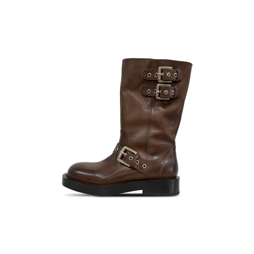 Cowhide version washed horseskin cigarette boots thin buckle short boots women's heightened thick-soled thin boots spring and autumn knight boots