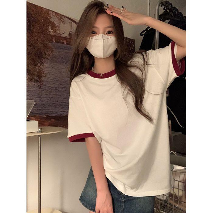 

Футболка из хлопка с короткими рукавами для женщин, летняя, новый дизайн Niche, контрастный цвет, свободный передний плечевой крой, короткий рукав, тонкий топ 2XL