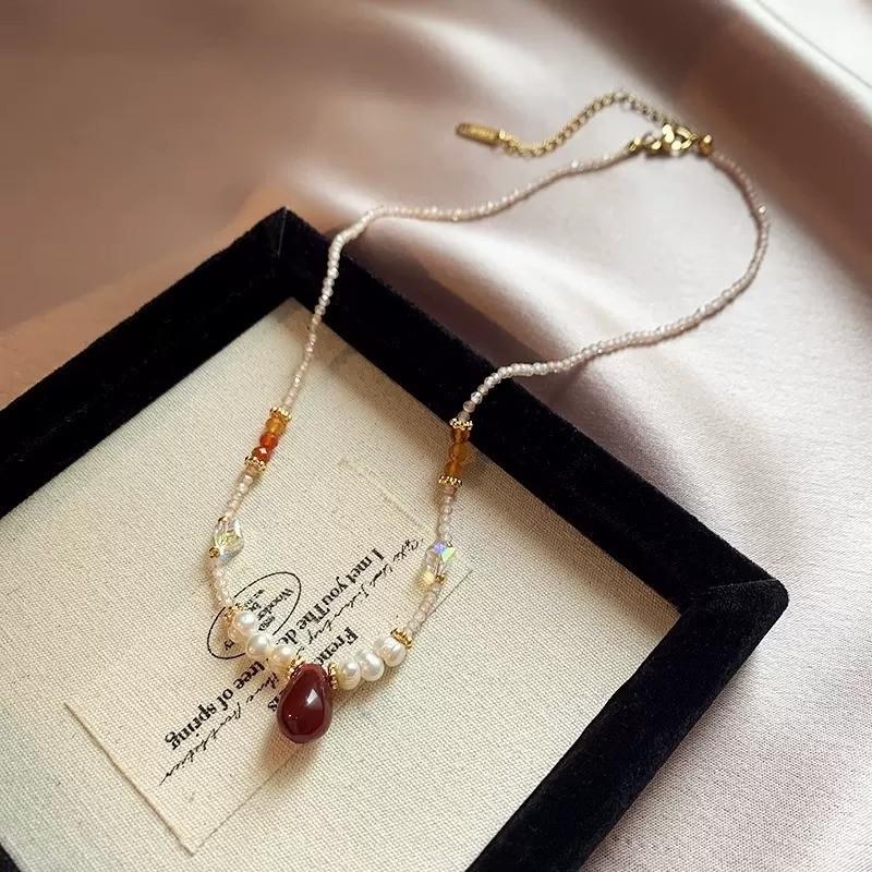 Freshwater Pearl Pink Zircon Beaded Necklace Accessories Niche Temperament Fashion Red Square Pendant Collarbone Neck Chain
