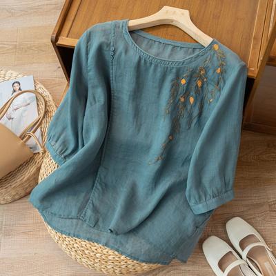 T-shirt Estiva da Donna Temperamento Retrò Ricami Cotone e Lino Vestibilità Larga Invecchiamento Casual Skinny Top