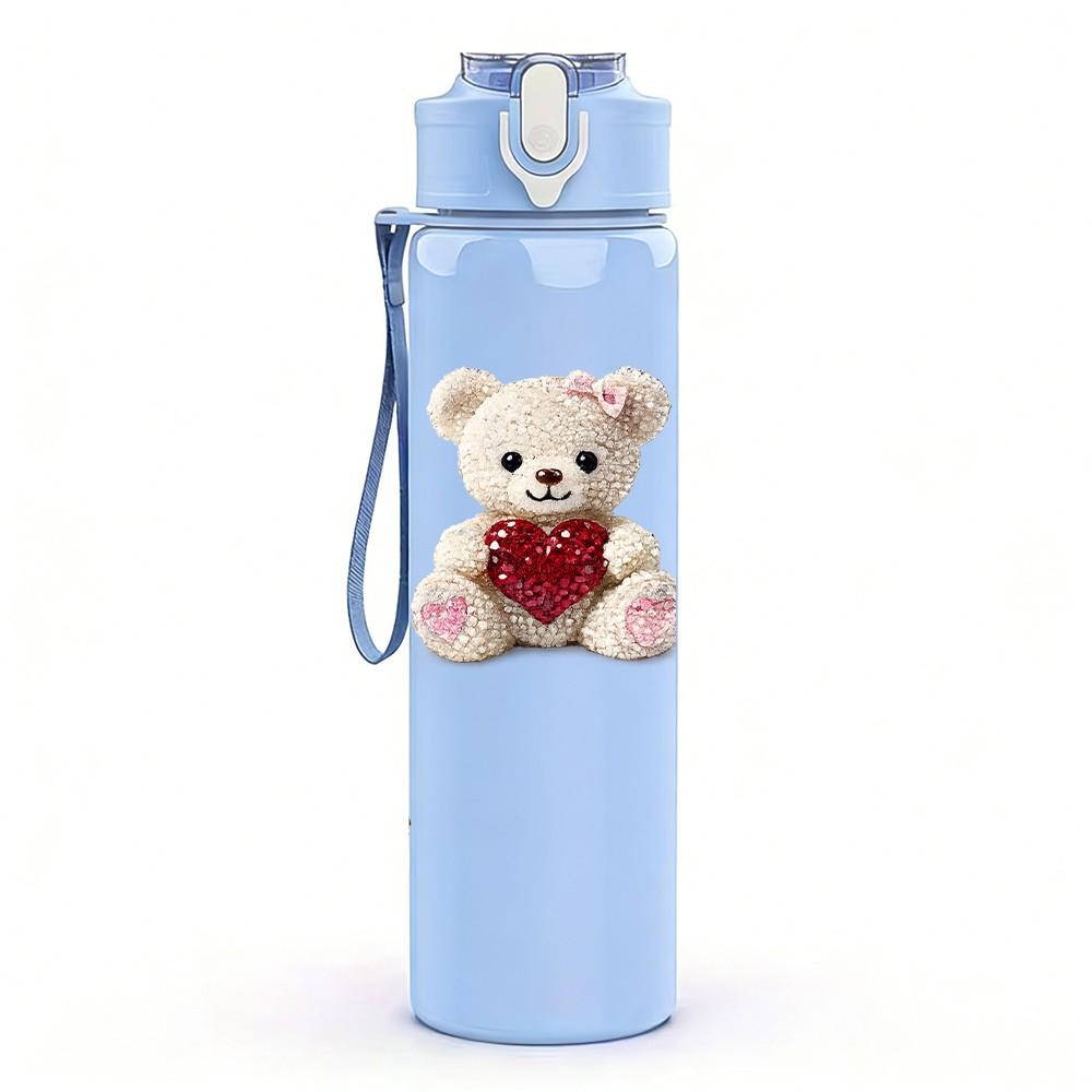 1PC Teddy Bear Toy Group Cartoon Print 750ml Color Plastic Sports Water Bottle Leakproof Flip Straw Lid Suitable for Sports Office Home Use