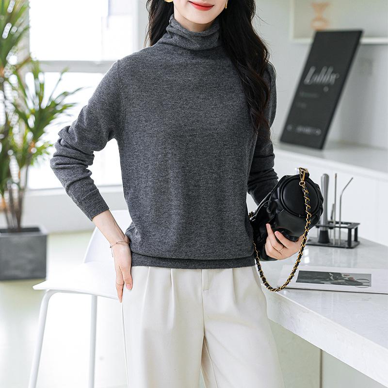 0 Wool Sweater Women's Loose and Thin Long Sleeves Stacked Collar Curled Pullover Sweater Backing Knitted Top Thin New