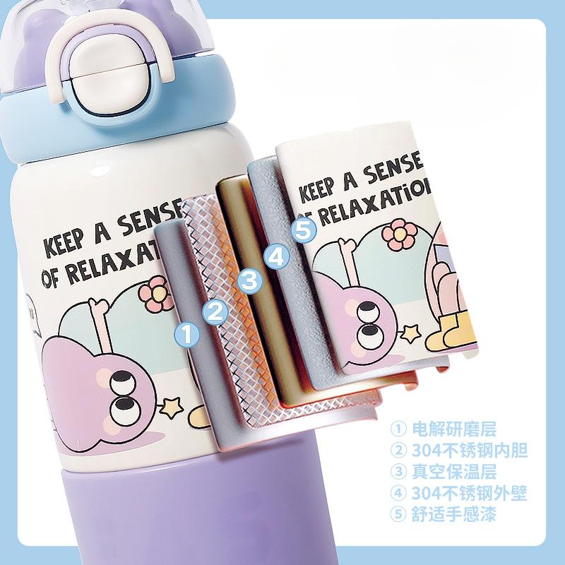 500ml Cute Cartoon Kids Insulated Water Bottle with Straw, 304 Stainless Steel Thermos for School Travel