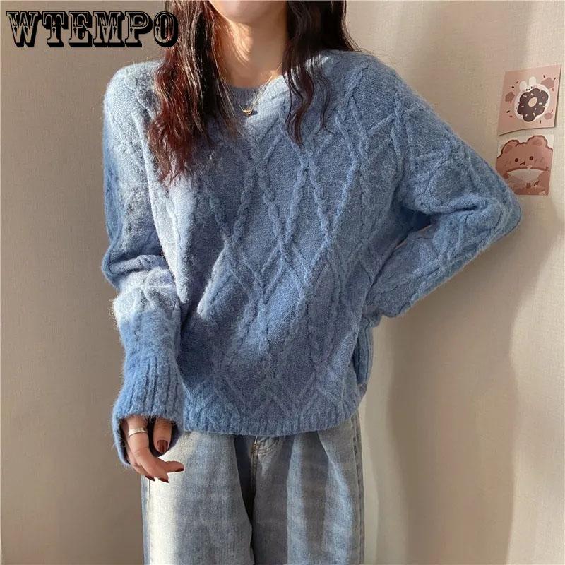 WTEMPO Weißer gestrickter Fried Dough Twist Damenpullover, lockerer Strickpullover, schlichter, lässiger Pendelpullover, süßes Langarmshirt