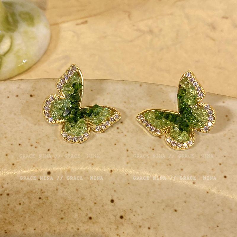 

Niche Style Butterfly Fancy Earrings Exquisite Female Green Crystal Crystal Butterfly Stud Earrings