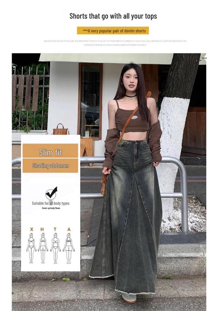 Plus Size Retro American-Style A-line Denim Skirt with Frayed Hem, High Waist, and Slimming Fishtail Design