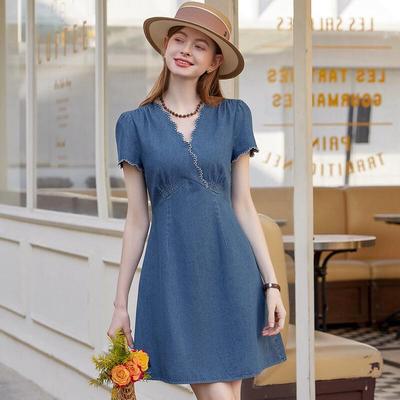 Damen Jeans A-Linien V-Ausschnitt Midi-Kleid