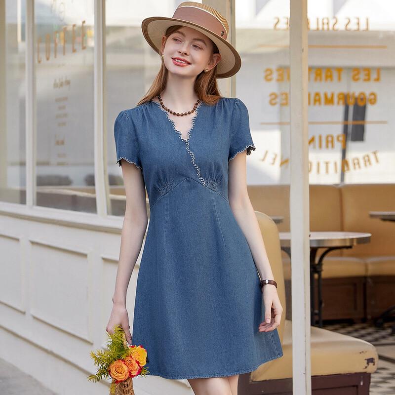 Women s Denim A-Line V-Neck Midi Dress 42