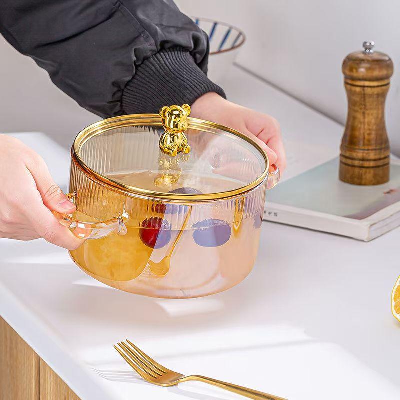 1500ML Klare Glas-Stielkasserolle mit Doppelgriffen Suppenkochtopf mit Deckel Hitzebeständige Küchenkochwerkzeuge