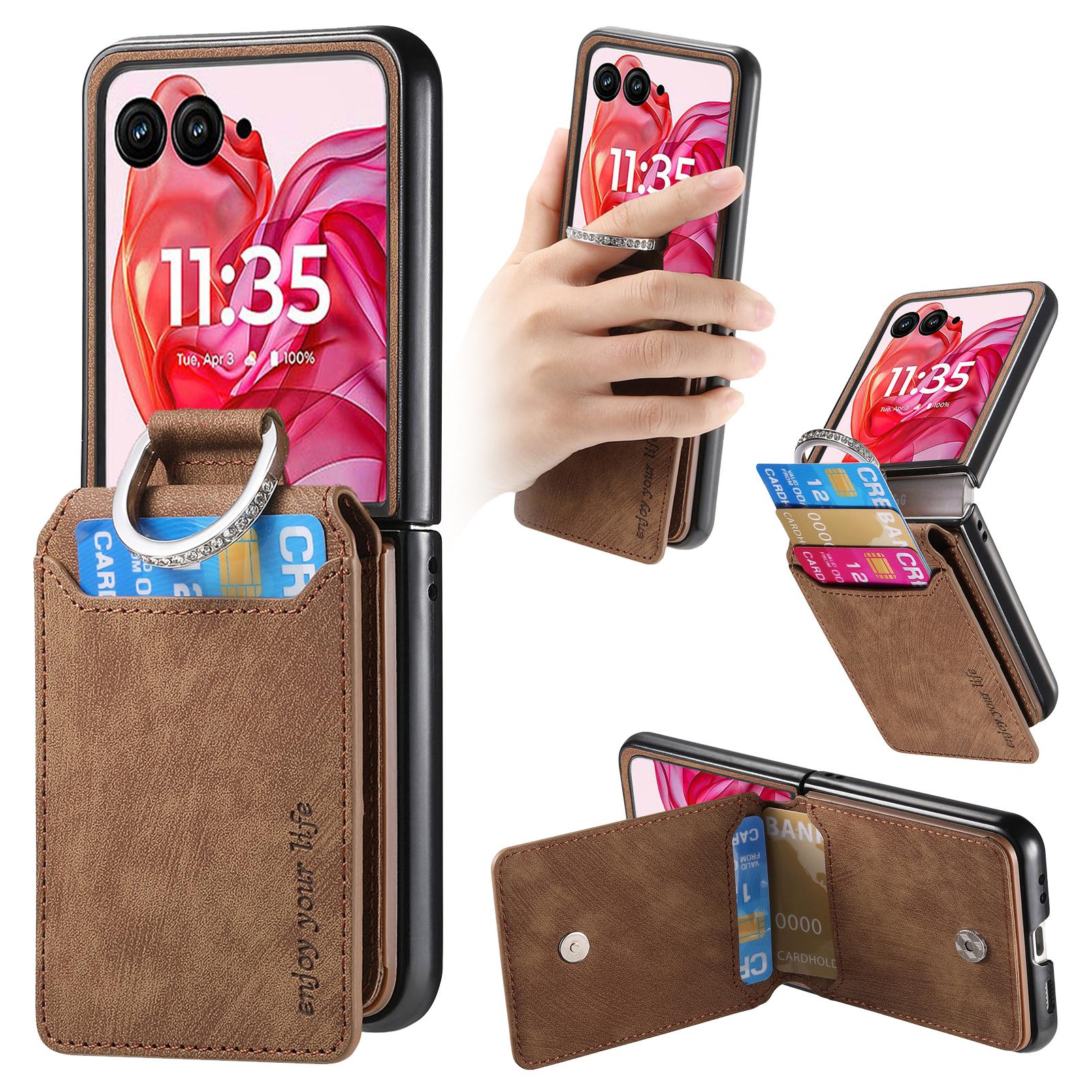 

Чехол для Motorola Razr 60 Ultra 5G с держателем для карт и подставкой, задняя крышка из кожи с ретро-текстурой Brown