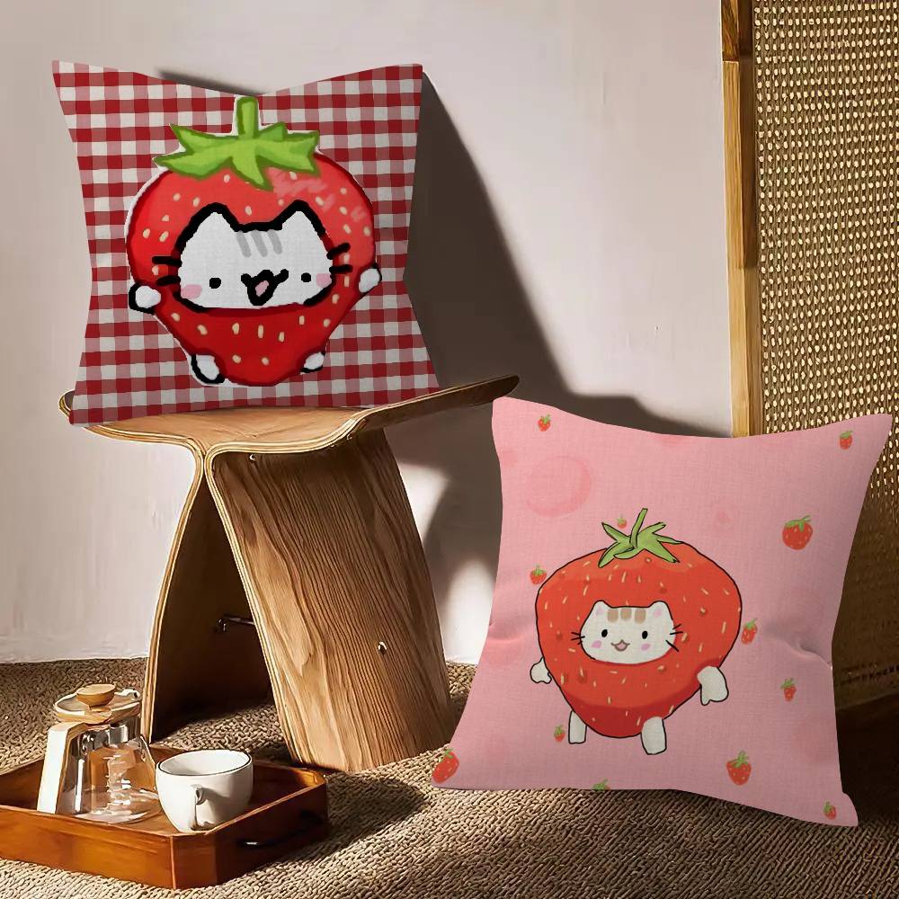 Cute Strawberry Cat   Personalized Pillow Cover Kids Bedroom Wild Party Decor Pillowcase kid Birthday shower Gift