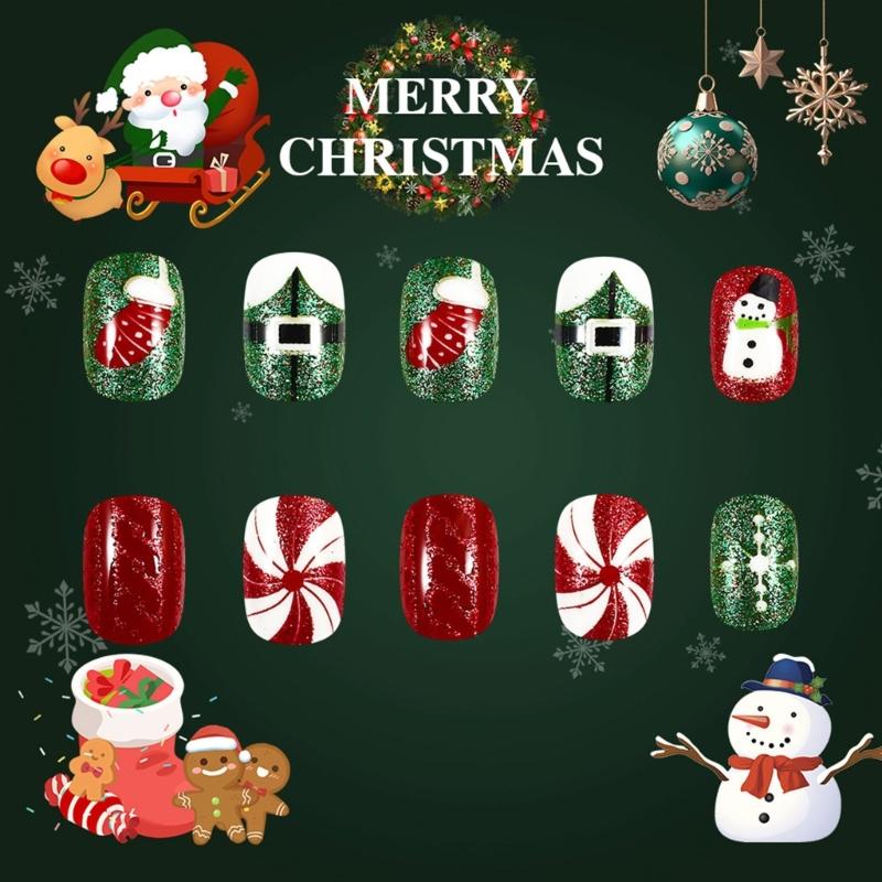 24 Pcs Christmas Press On Nail Short Round Full Cover False Nail Christmas Gift Stick on Nail Glittering Acrylic Nail