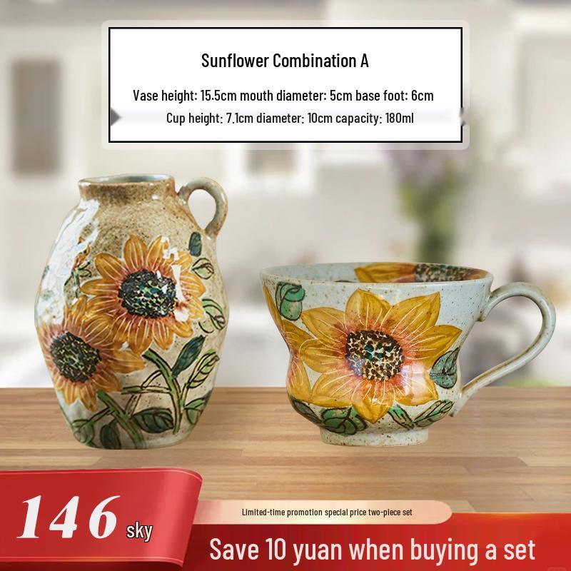 Valley Ceramic Vase: Japanese Retro Hand-Painted Single-Eared Sunflower Pot for Living Room Flower Arrangements