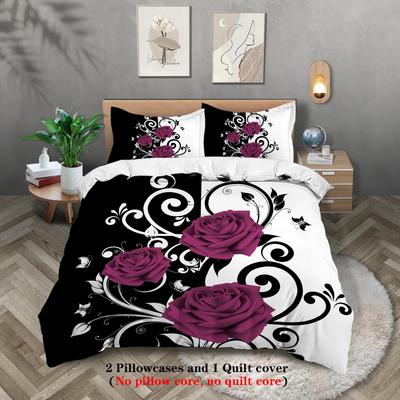 3pcs Purple Rose Pattern Printed Bedding Set, 1*duvet Cover+2*pillowcase, Suitable for Girls and Women Bedroom, Birthday Gift
