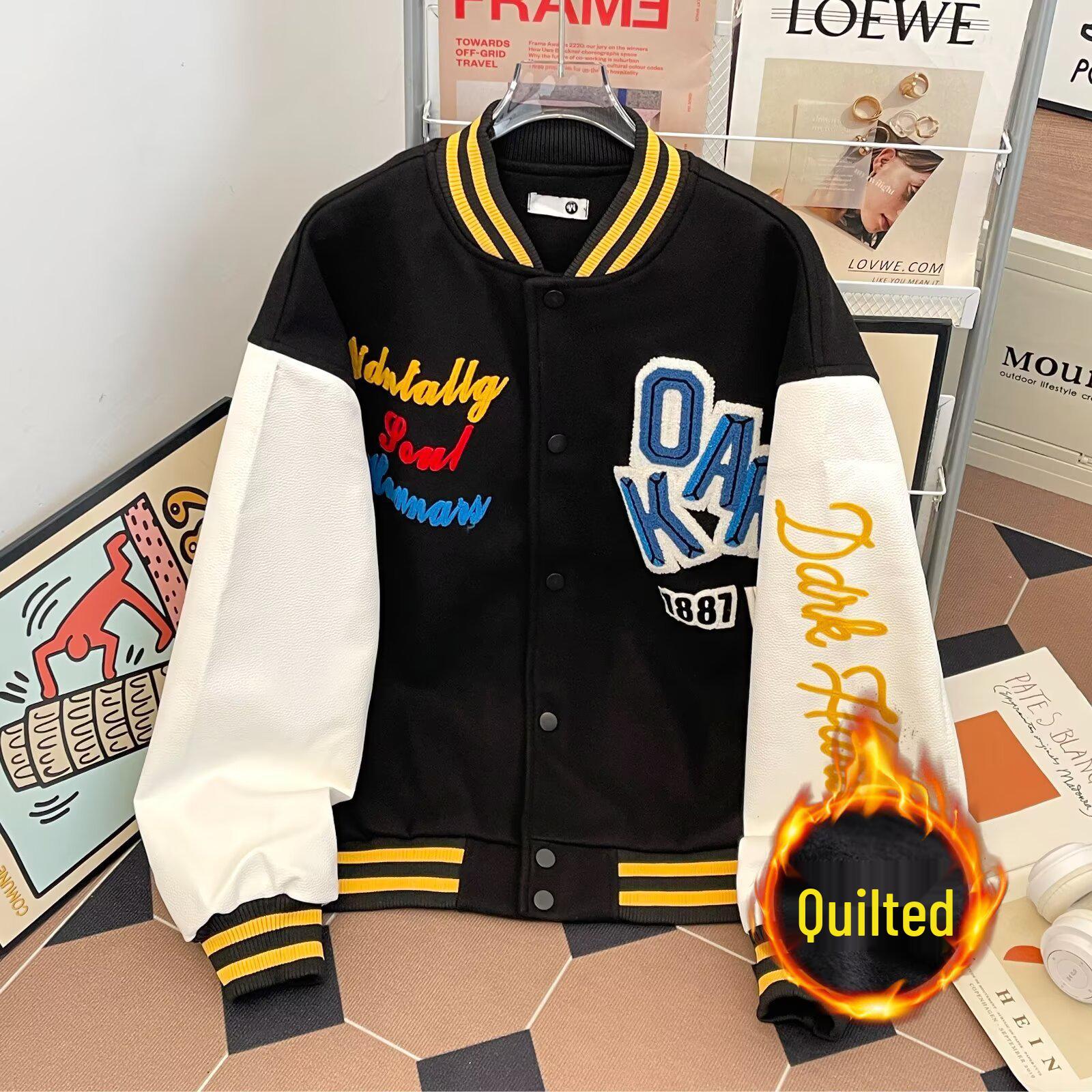 Wool Embroidered Color Block Baseball Jacket - Retro American Style, Padded, Spring/Autumn, Loose Fit for Couples. XL