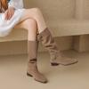 Krazing Pot Cow Suede Autumn Winter Shoes Round Toe Metal Buckle Big Size 42 Thick Med Heels Slip On Western Boots Women Knee Boots