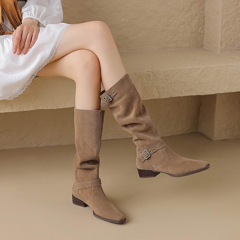 Krazing Pot Cow Suede Autumn Winter Shoes Round Toe Metal Buckle Big Size 42 Thick Med Heels Slip On Western Boots Women Knee Boots