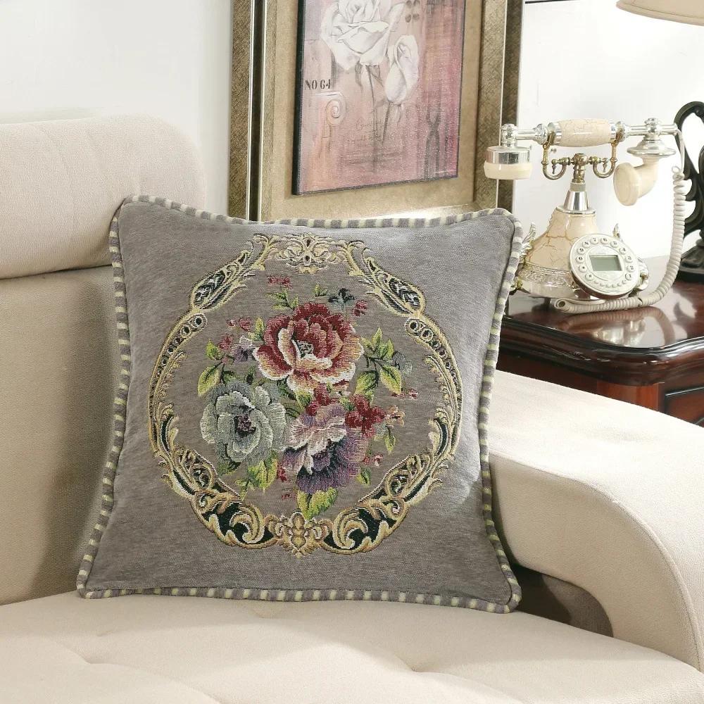 Embroidered Flowers Jacquard Cushion Cover 48x48CM Light Luxury Home Bed Headrest Pillowcase Car Office Sofa Seat Decor