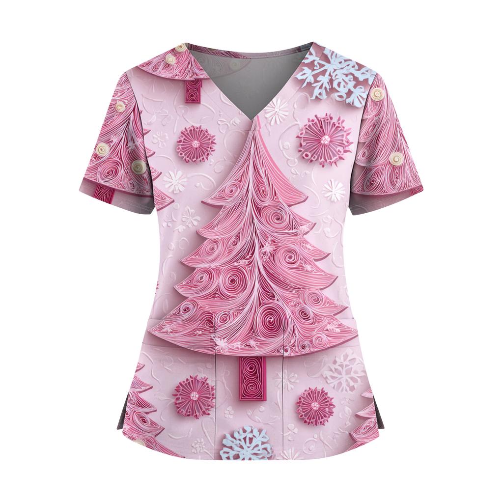 Women's Christmas Print V-Neck Double Pocket Short Sleeves Hem Slit Uniform And Caregiver Top