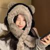 Women's Bear Earphones Hat: Warm Hooded Scarf with Plush Ear and Neck Protection for Autumn/Winter