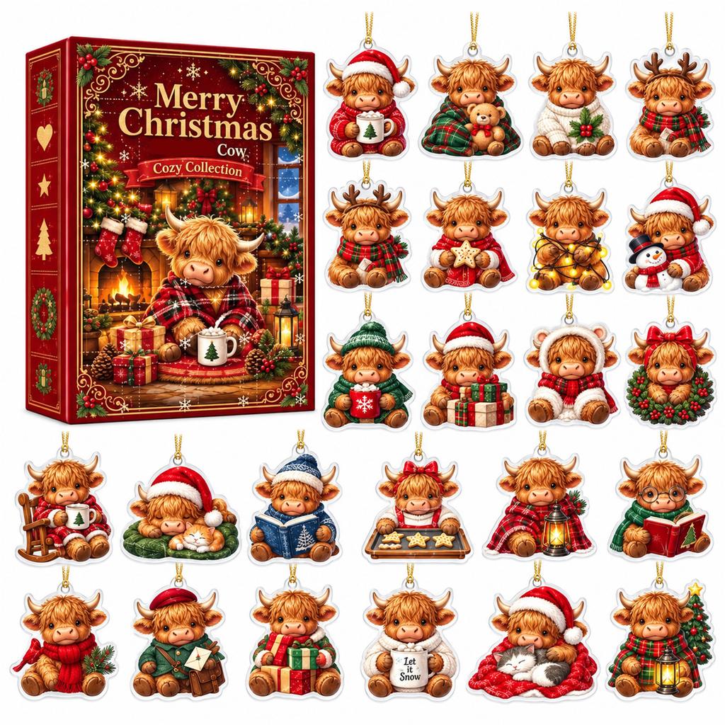 Cow Advent Calendar with Acrylic Ornaments, 2D Cute Cow Pendant Set for Christmas Tree Decor and Winter Farm Theme Gift