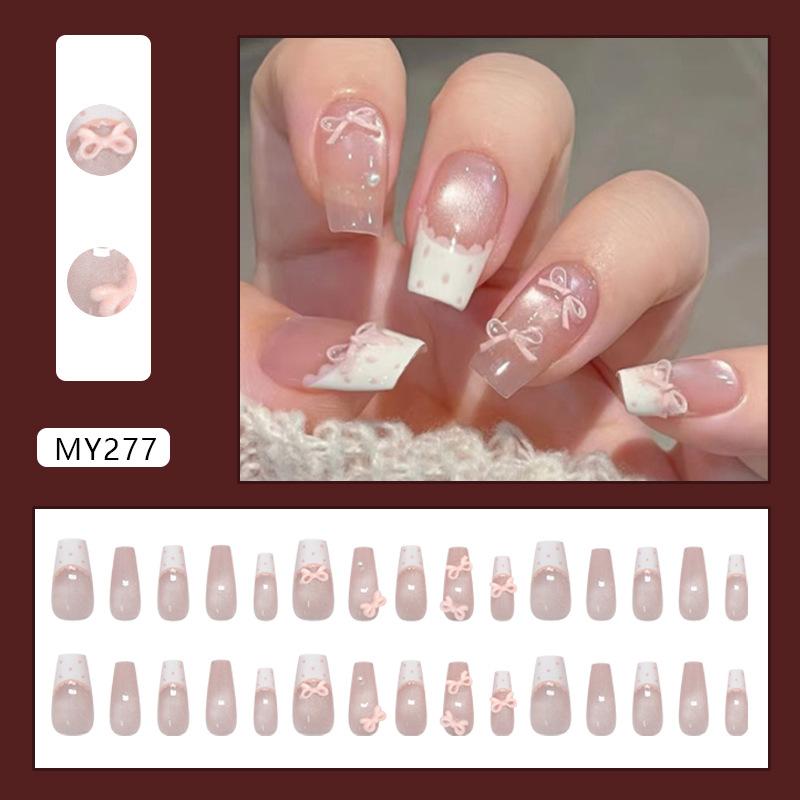 MY277 Sweet Pink Polka Dot Bow Cat Eye Glue On Nails Medium Ballet Sweet French For Ladies Non Special Cosmetics