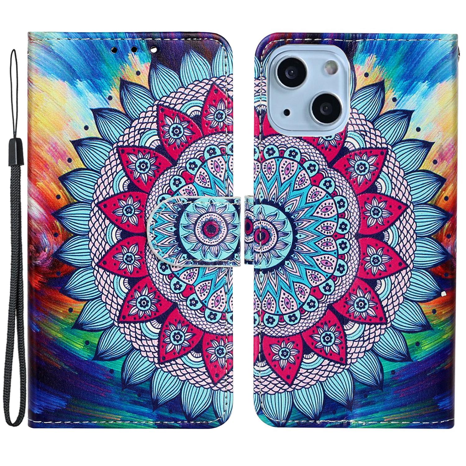 

Pattern Printing Leather Wallet Phone Case for iPhone 15,Drop-proof Phone Stand Cover Mandala Flower