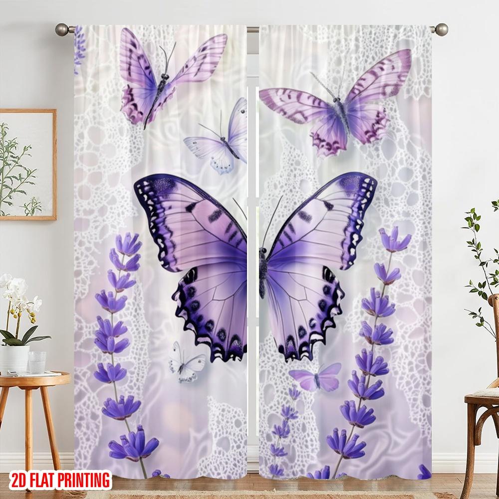 2pcs,2D Plane Printing Light Filtering Curtains Lavender Wings Polyester Easy Install (without Rod) Decorations Outdoor Use for