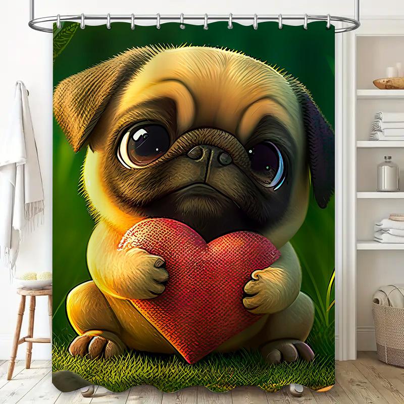 Adorable Dog Print Shower Curtain with Heart Shaped Pug Toy for Bathroom Decor Home Textiles Decoration Item #7892136450