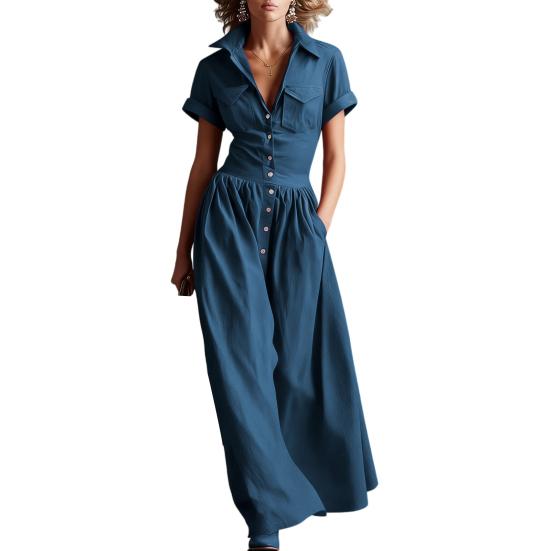 Women Casual Button Down Shirt Dress, Short Sleeve Long Western Cowgirl Dress, Summer Flowy A-Line Maxi Dress with Pockets