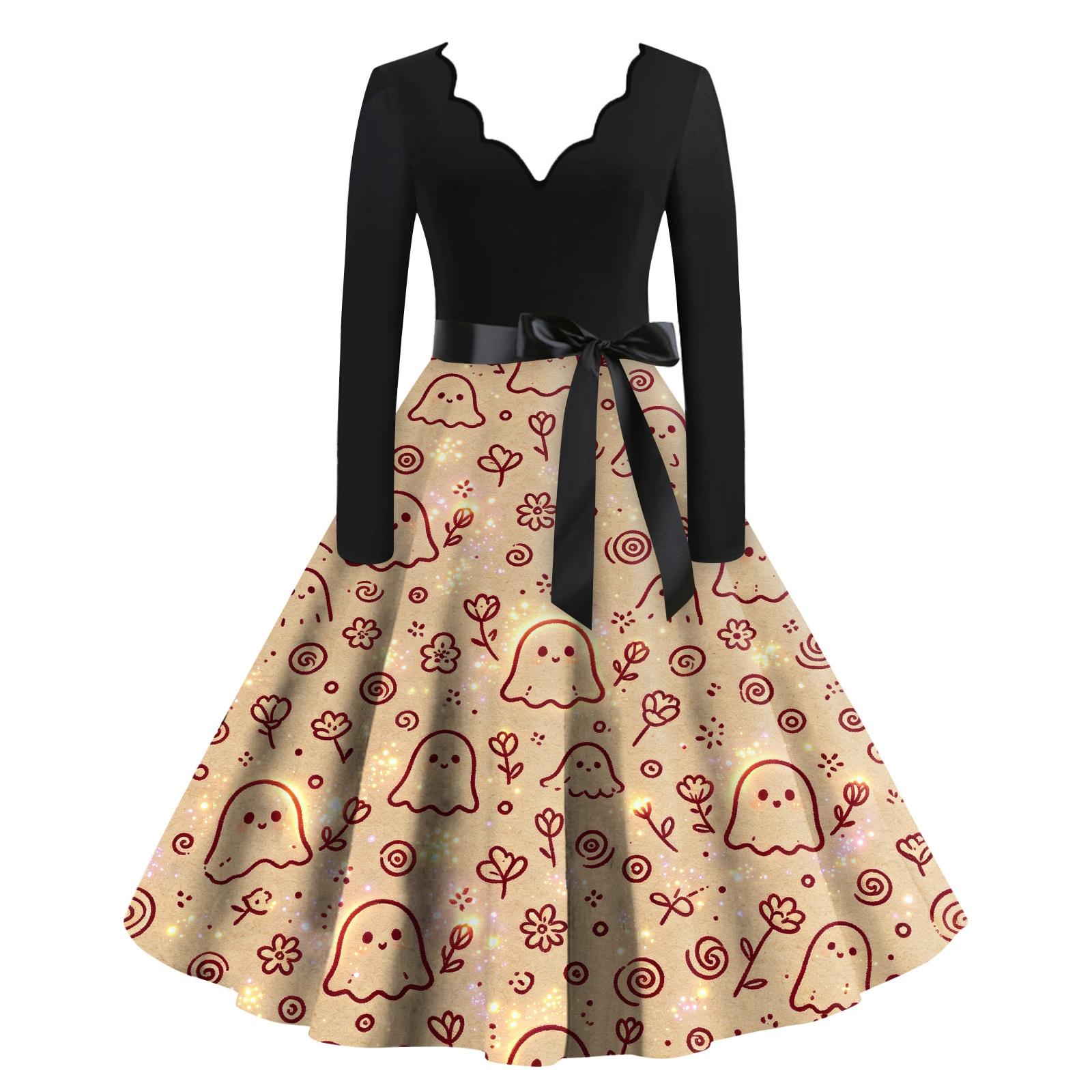 Women s Trendy V-Neck Long Sleeve Halloween Print Dress for Casual Occasions L